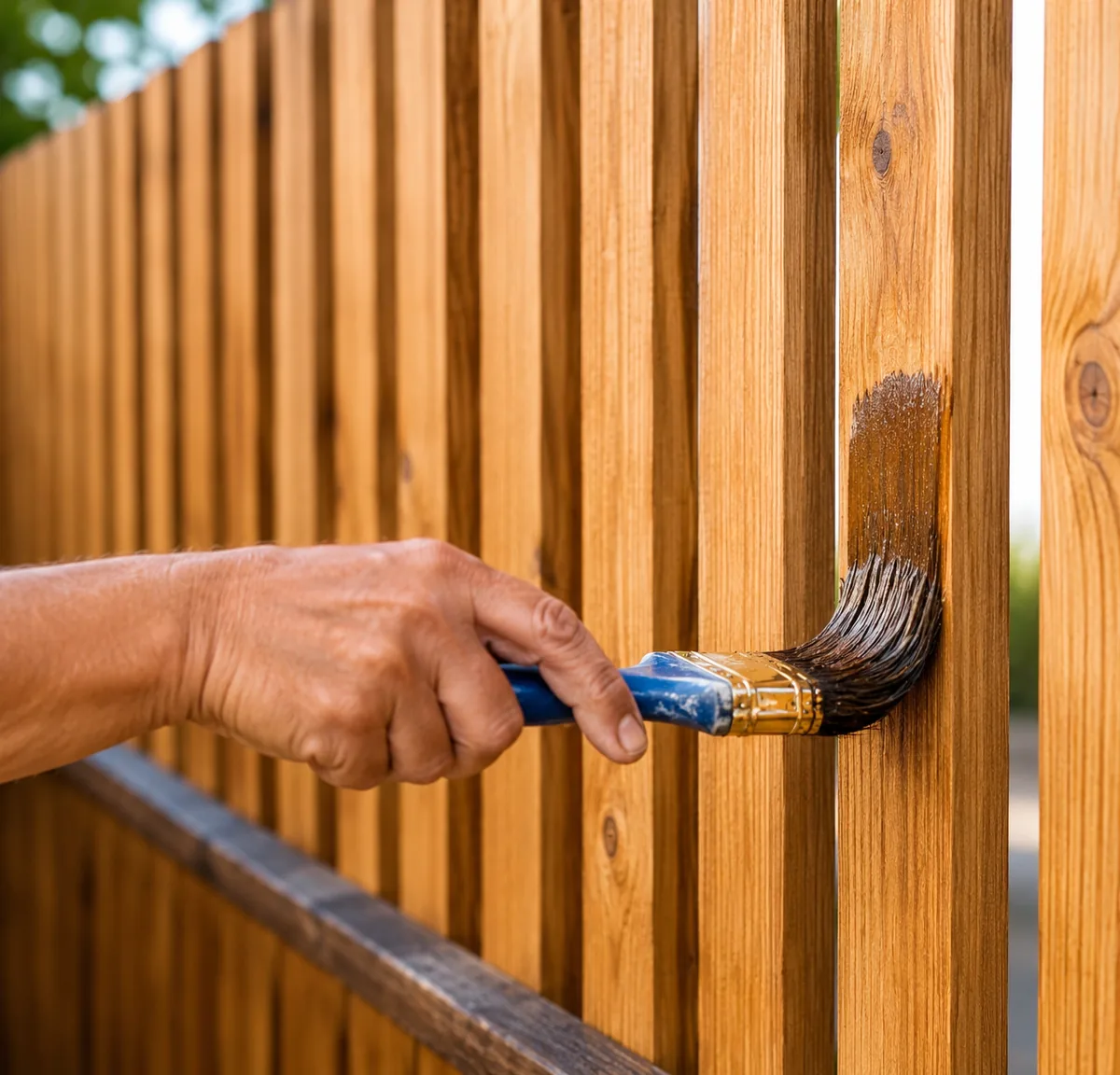 Wooden fence being stained and sealed